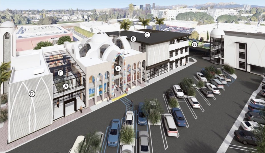 Architect's rendering of the new St. Monica church seen from above: white domes, an arched entrance and a three-storey building beside the parking lot